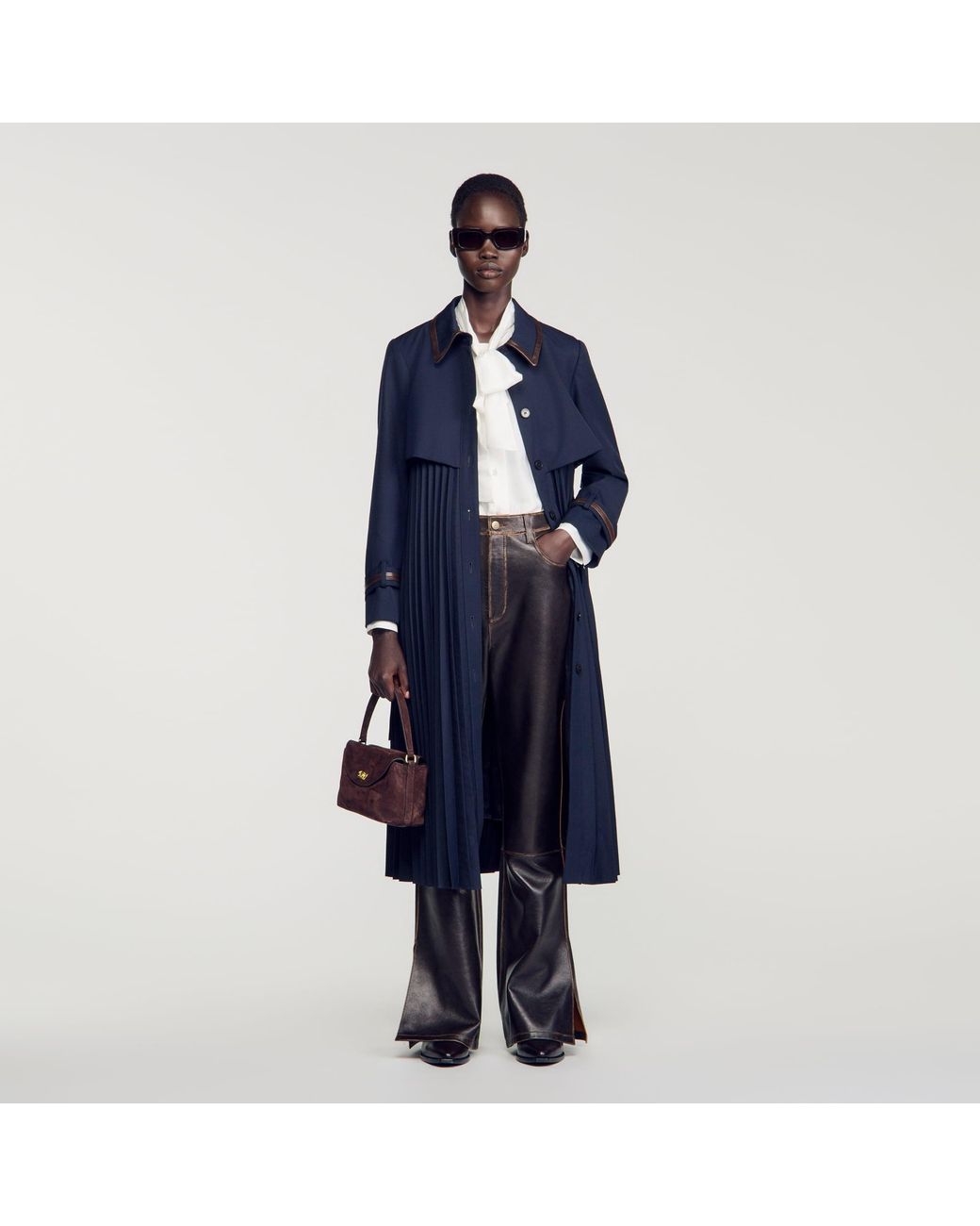 Sandro Blue Trench With Pleated Leather Collar