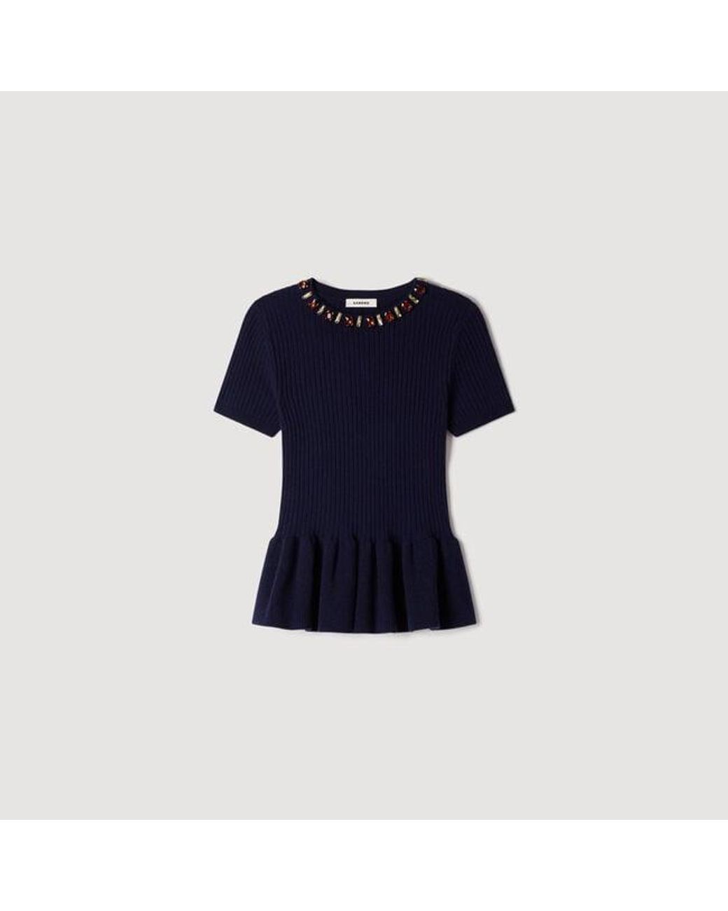 Sandro Blue Peplum Sweater With Rhinestone Neckline