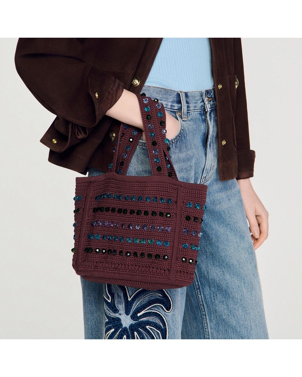 Sandro Red Beaded Crochet Bag