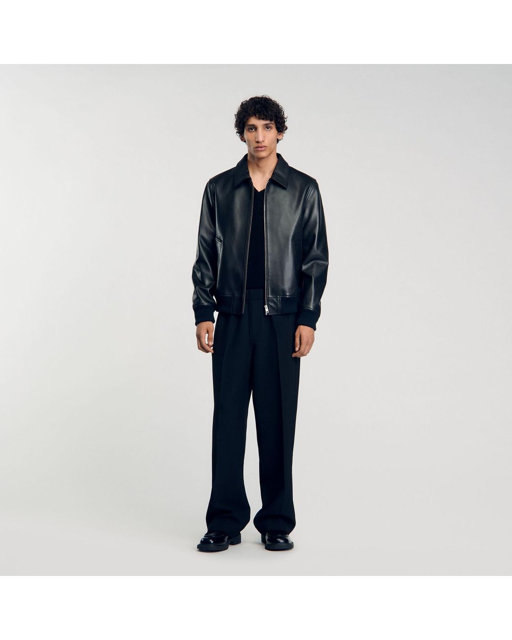 Sandro Blue Plain Leather Jacket for men