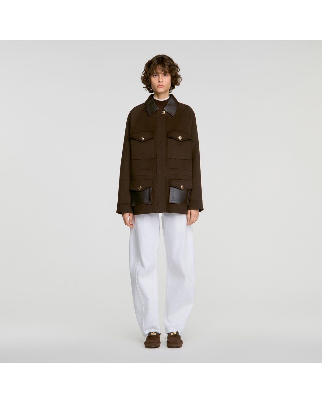 Sandro Red Double-Faced Coat, Leather Collar