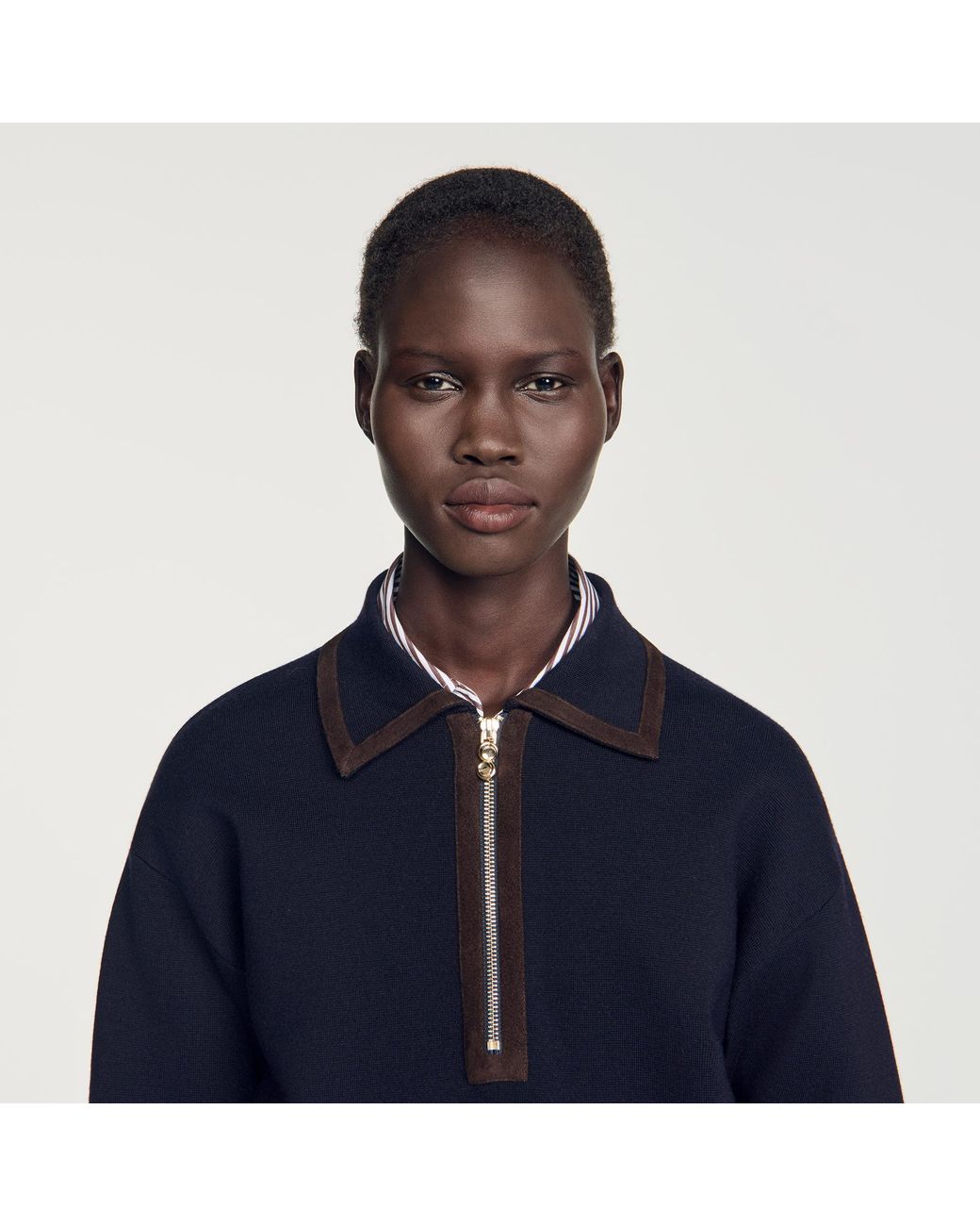 Sandro Blue Zip Polo Jumper With Suede Collar