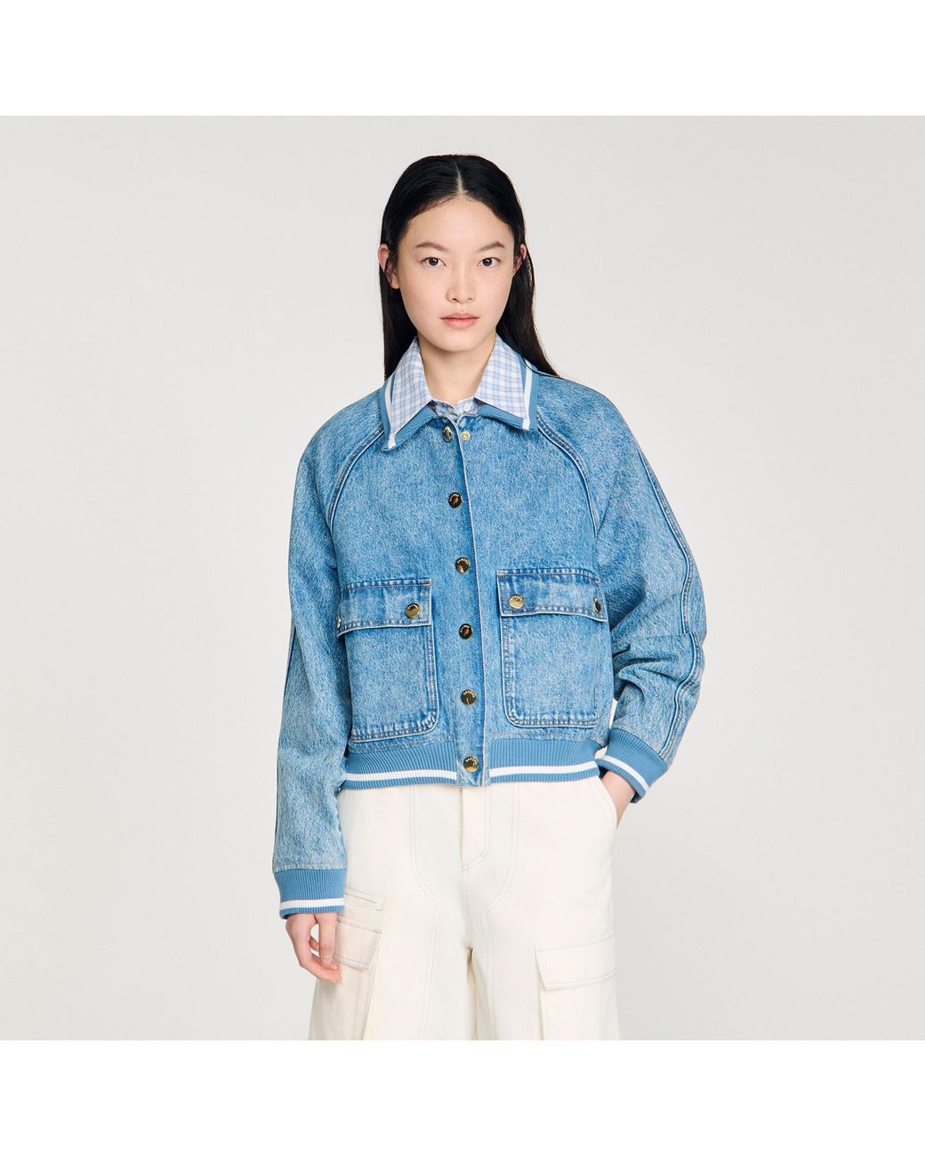 Sandro Blue Rib-Trimmed Denim Jacket