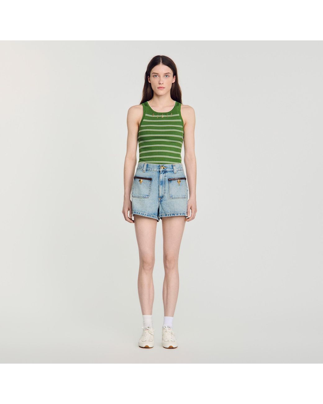 Sandro Blue Denim Shorts With Leather Detail