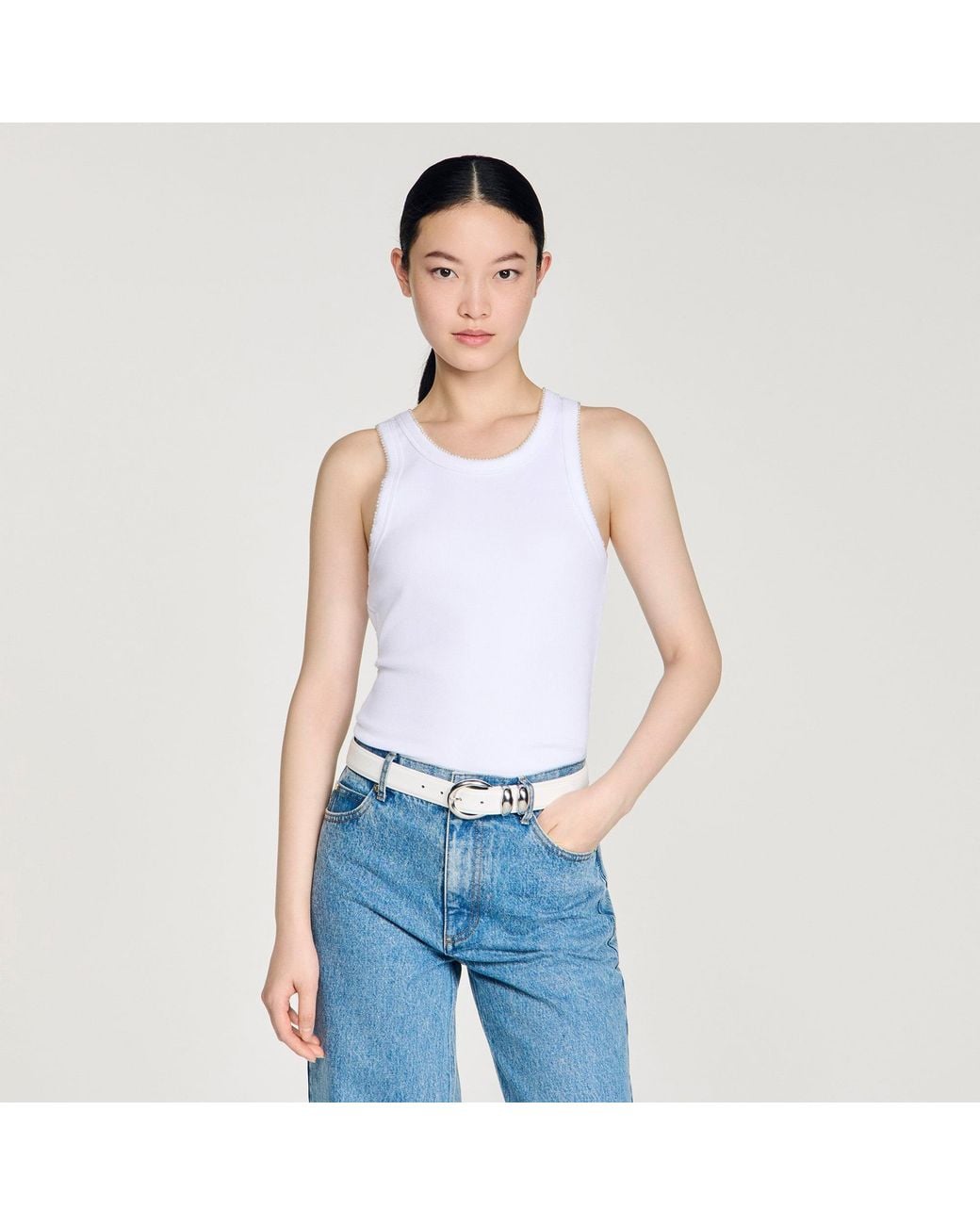Sandro Blue Beaded Ribbed Vest Top