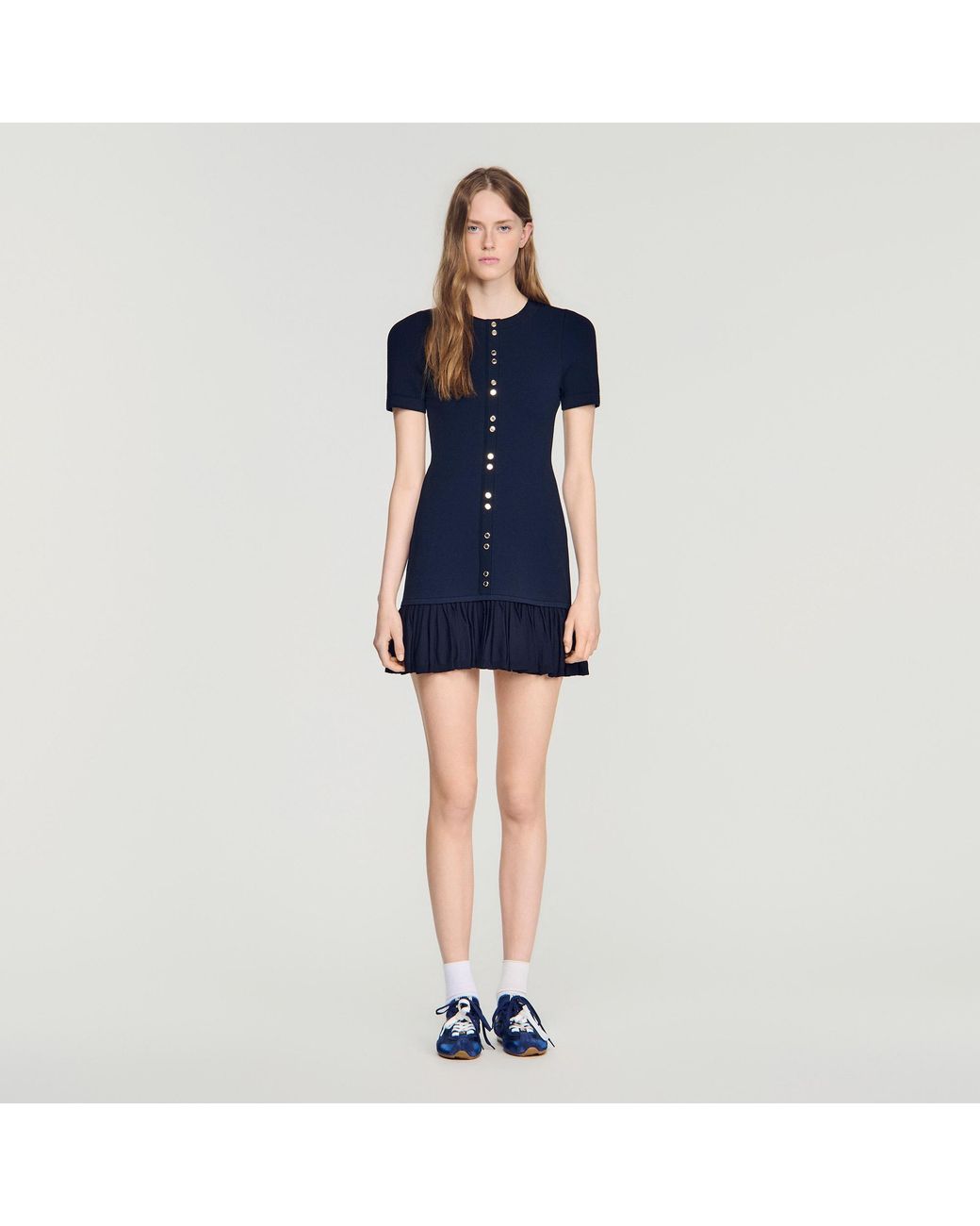 Sandro Blue Short Knit Dress With Ruffles