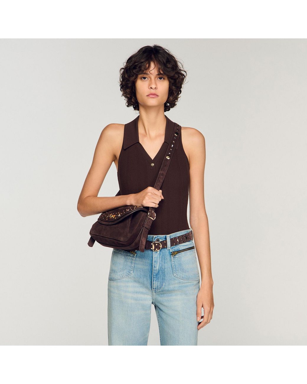 Sandro Black Le Mambo Janys Studded Suede Bag