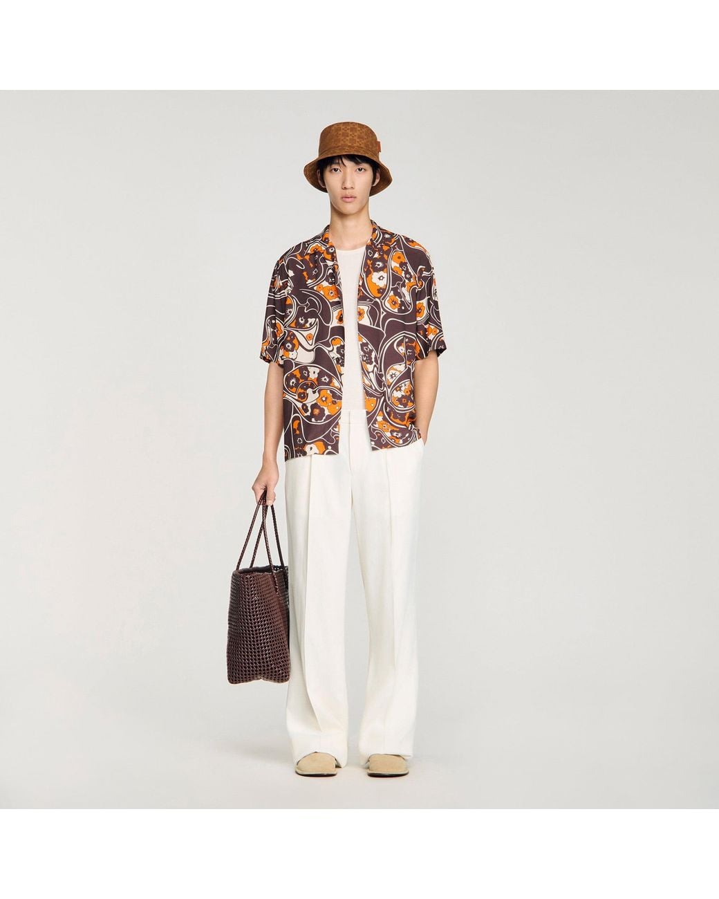 Sandro White Loose-Fit Print Shark Collar Shirt for men