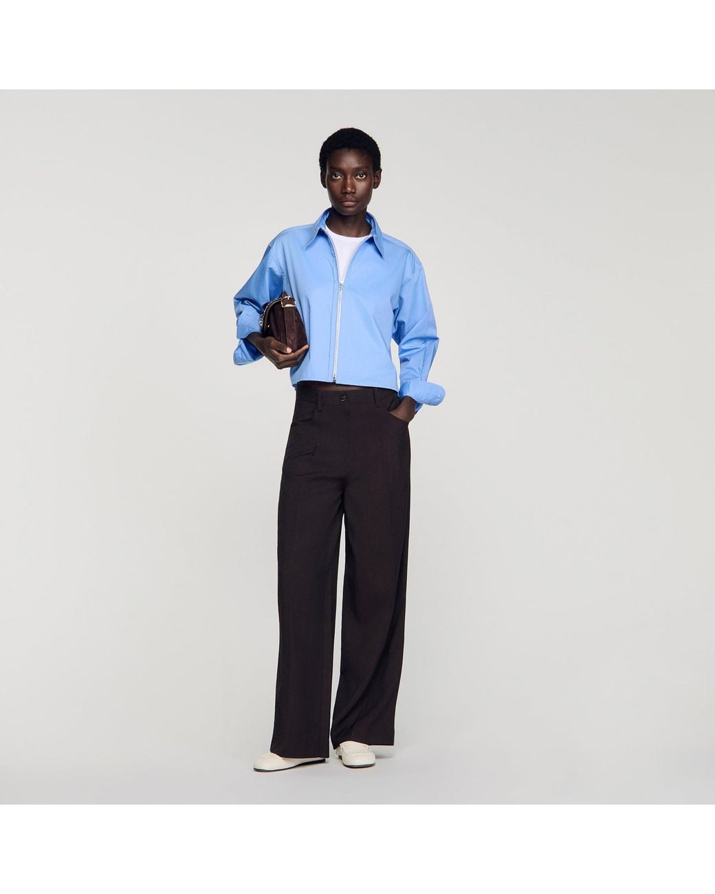 Sandro Blue Cropped Logo Zip Cotton Shirt