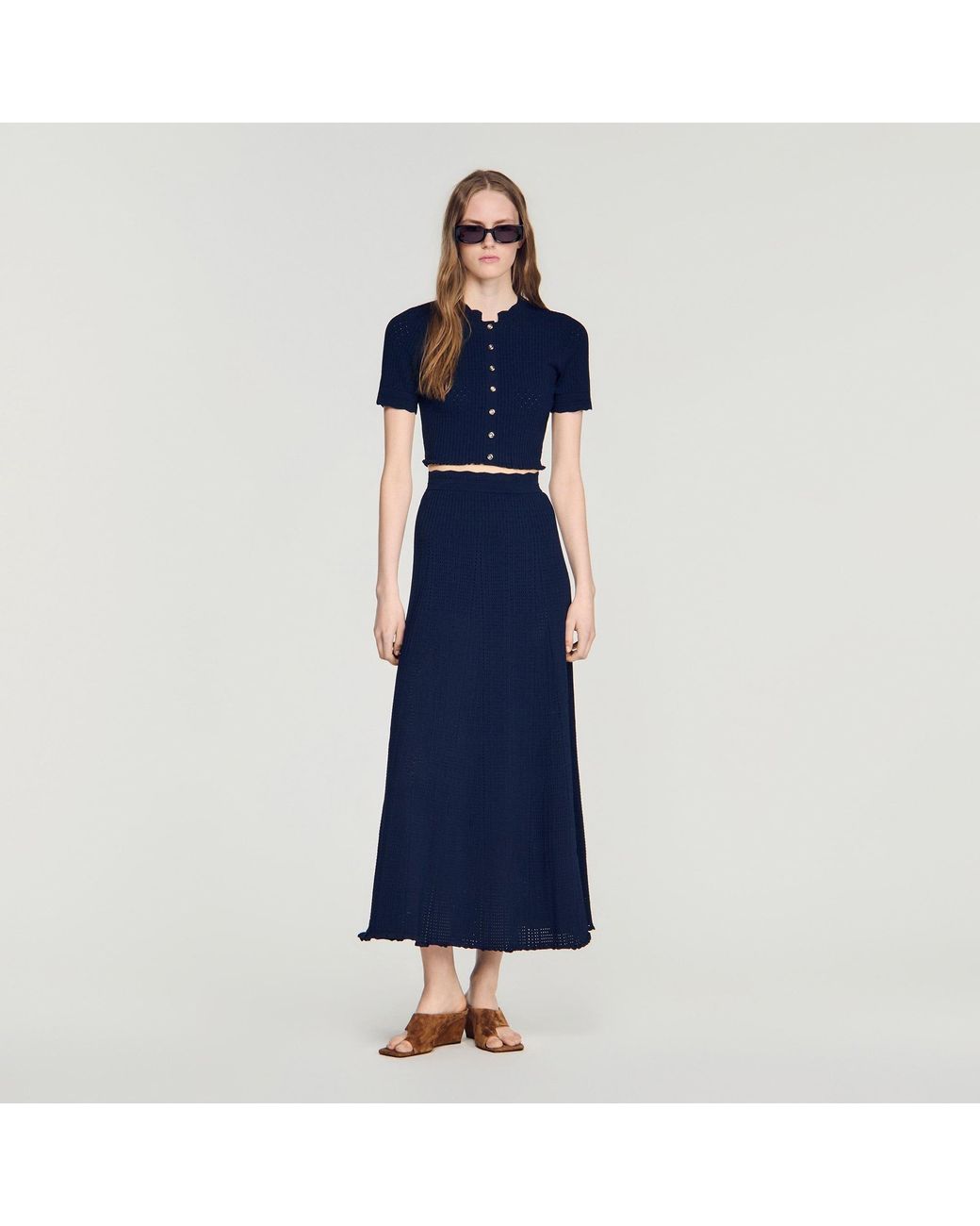 Sandro Blue Cropped Pointelle Knit Cardigan