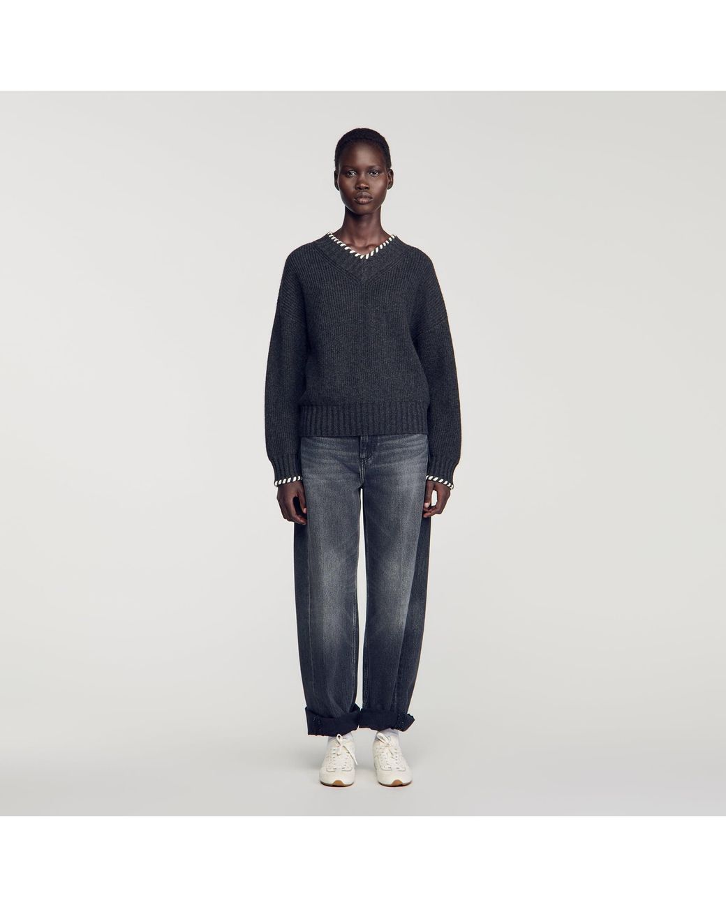 Sandro Blue Braided V-Neck Sweater