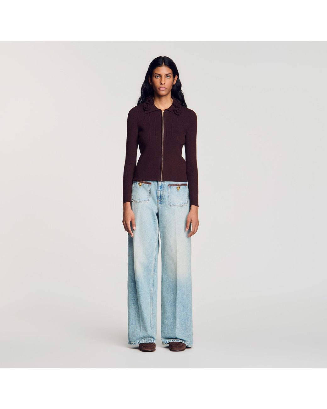 Sandro Blue Cardigan With Floral Collar
