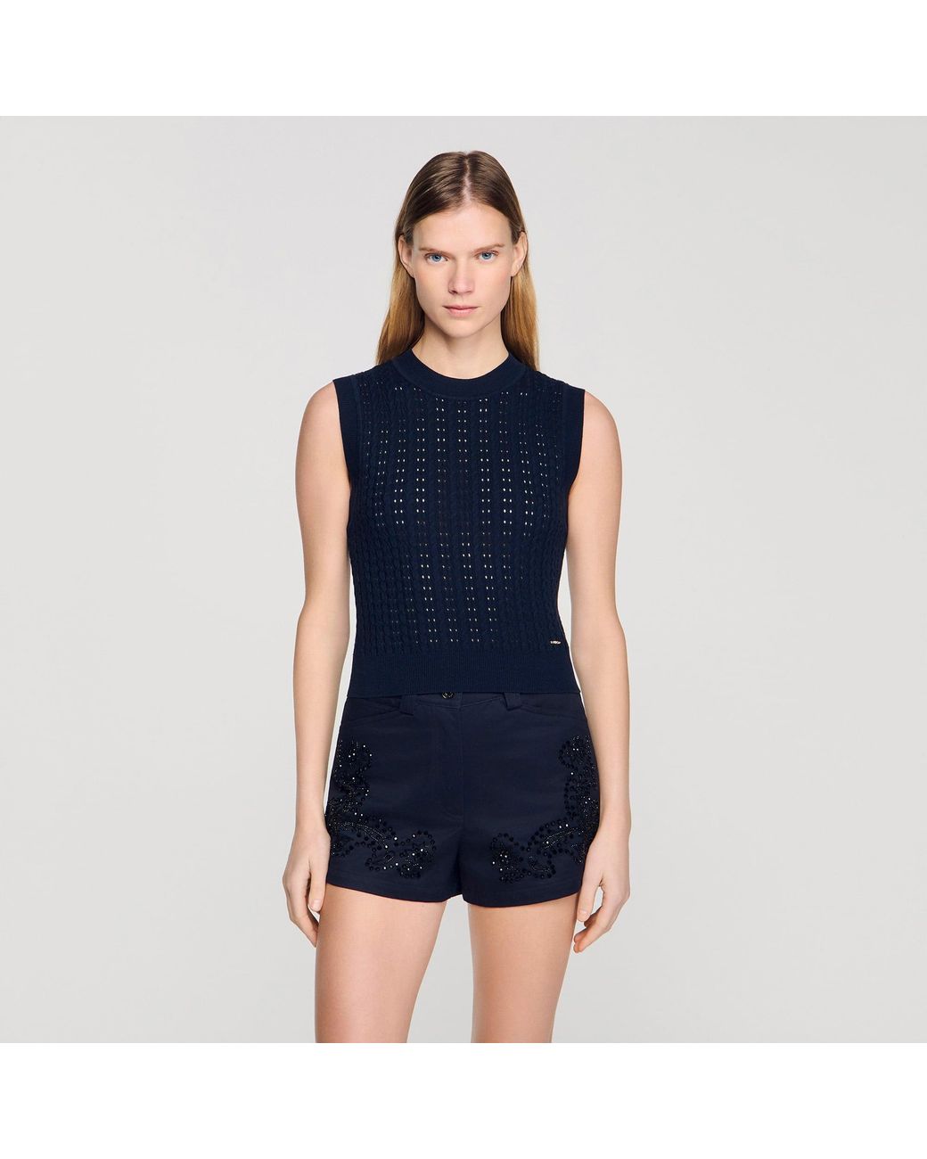 Sandro Blue Cropped Textured Knit Jumper