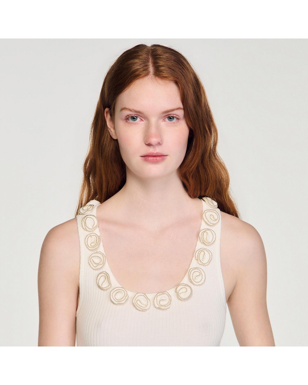 Sandro White Ribbed Jumper With Beaded Roses