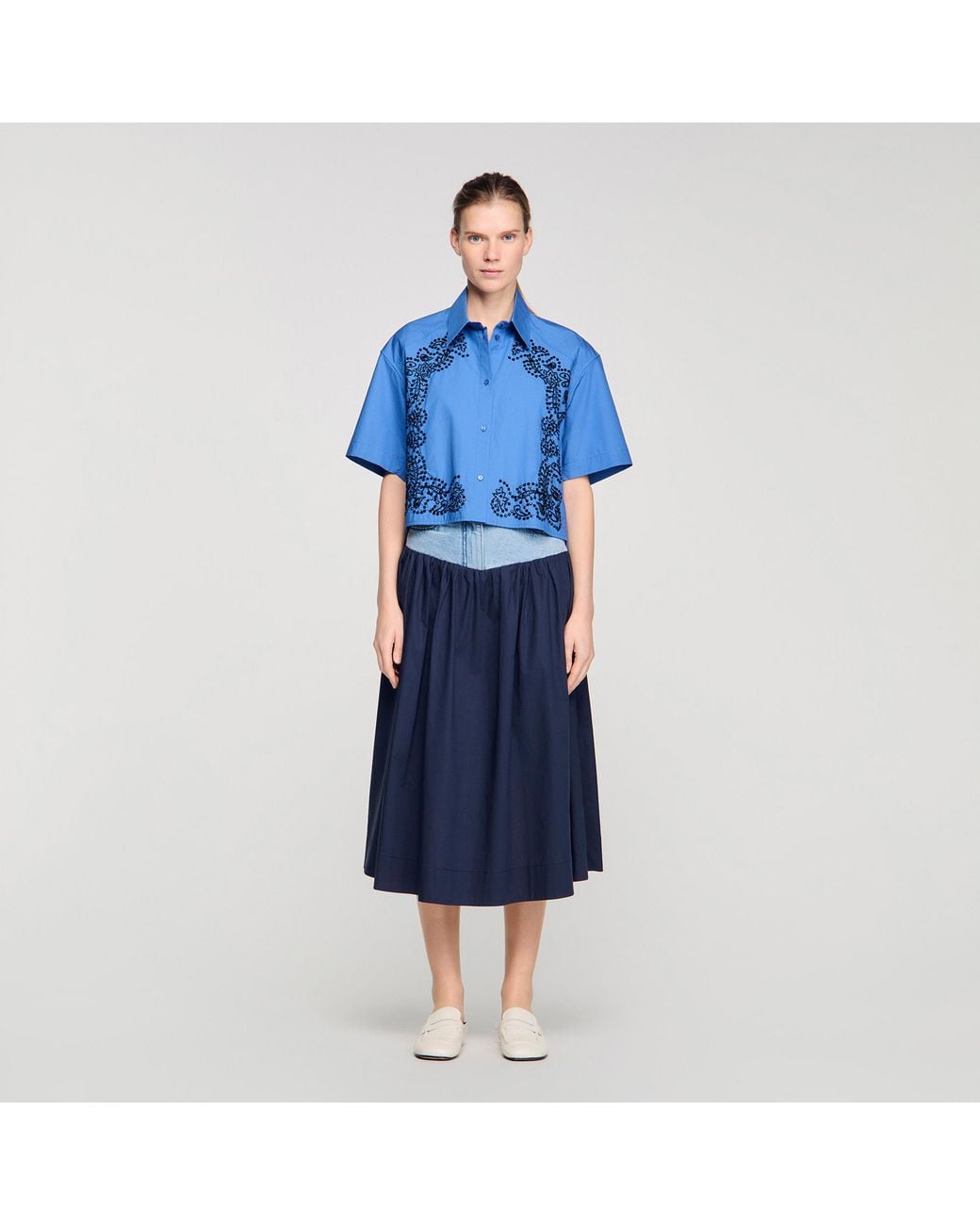 Sandro Blue Embroidered And Beaded Shirt