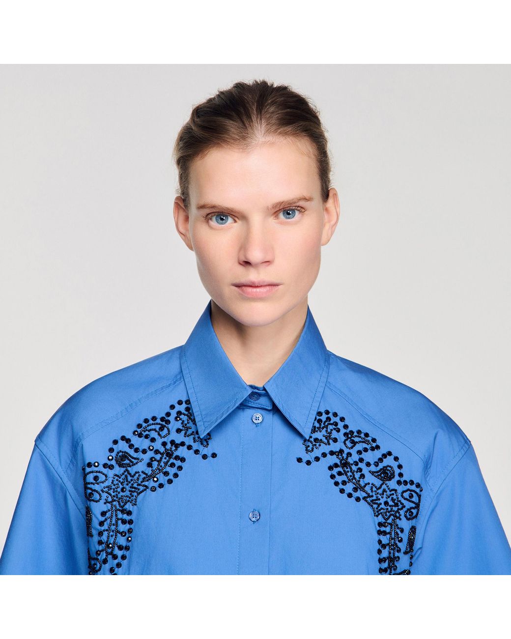 Sandro Blue Embroidered And Beaded Shirt
