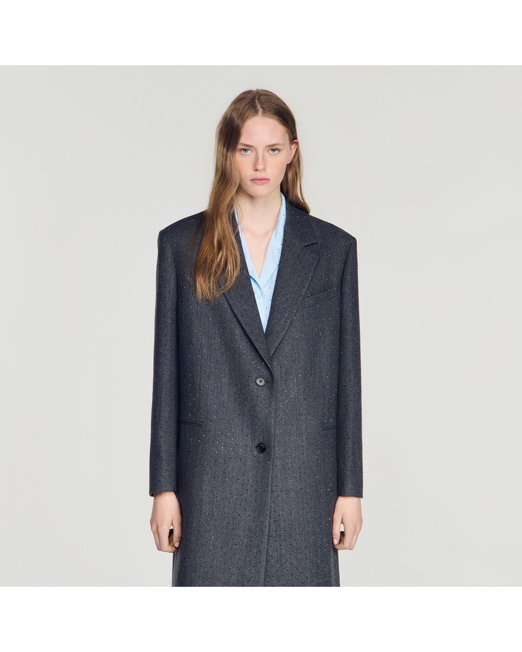 Sandro Blue Long Wool Coat With Rhinestones