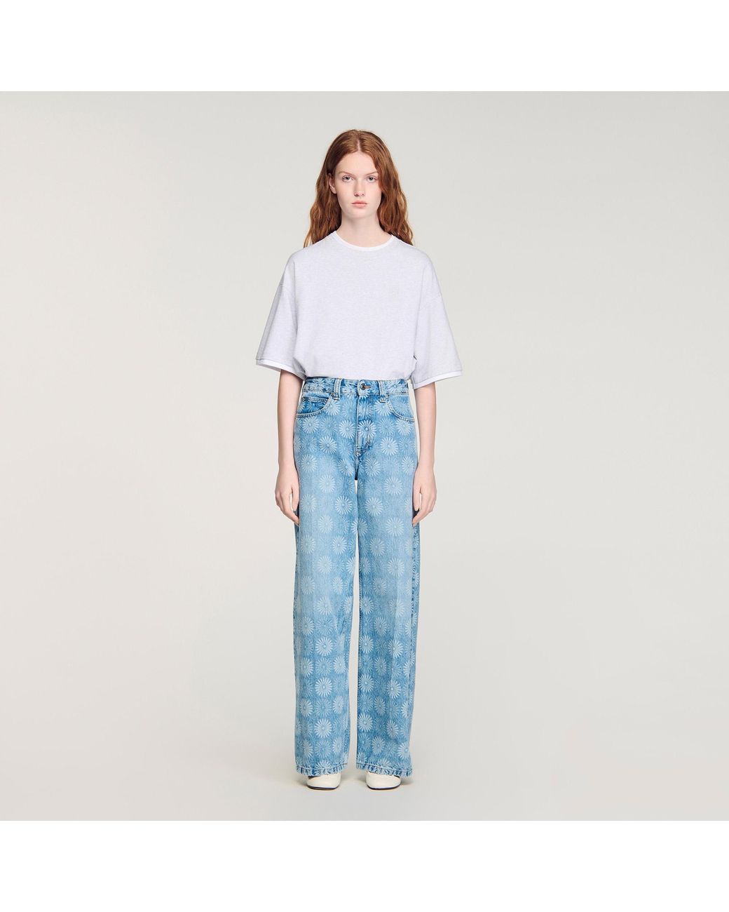 Sandro Blue Wide-Leg Floral Print Jeans