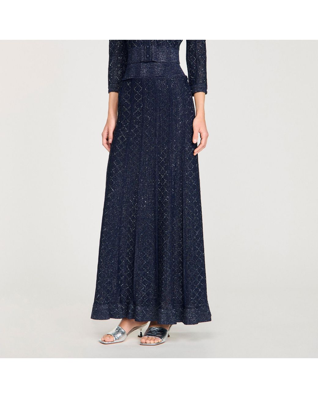 Sandro Blue Rhinestone Knit Maxi Skirt