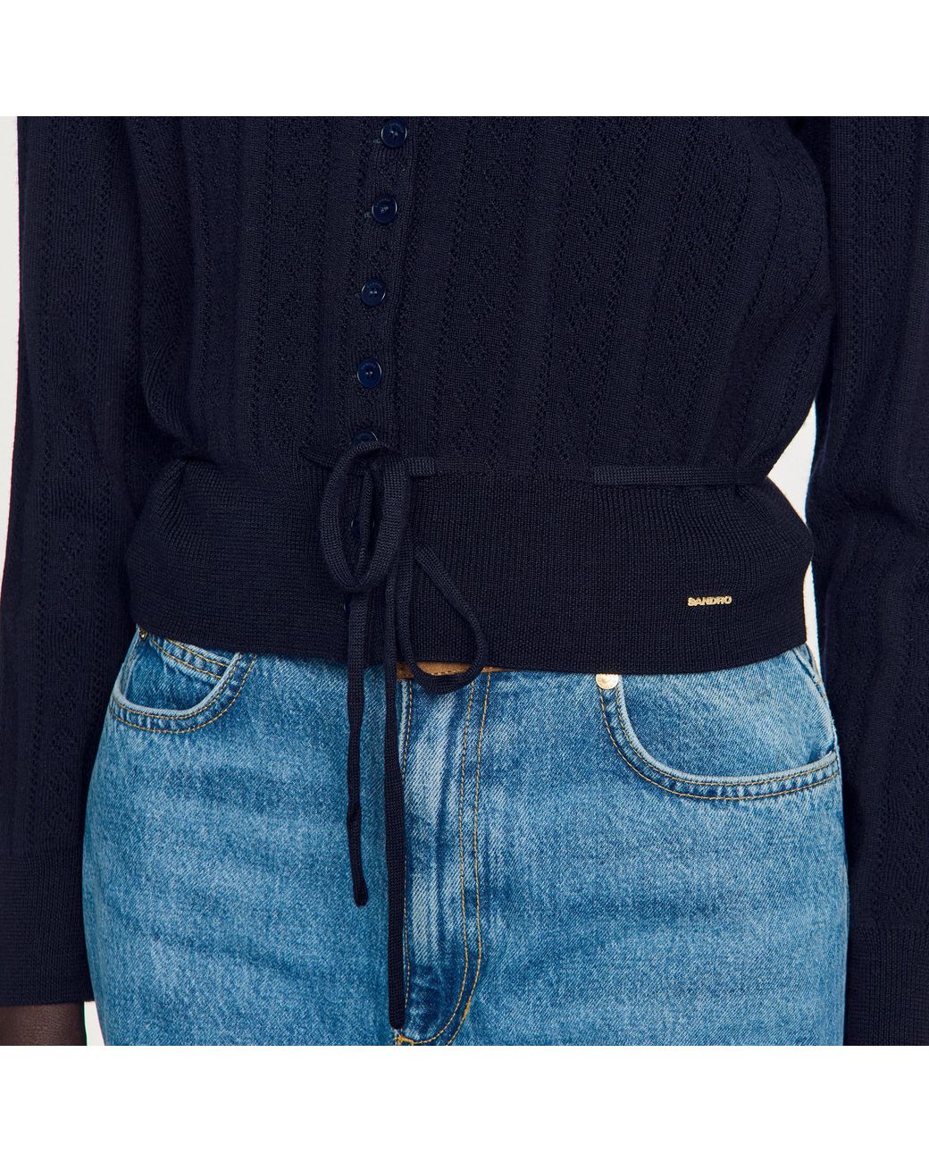 Sandro Blue Pointelle Knit Cardigan