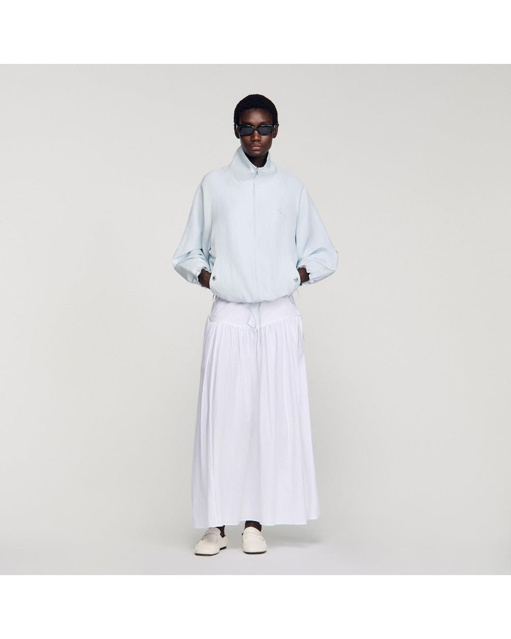 Sandro White Embroidered Collar Oversized Jacket