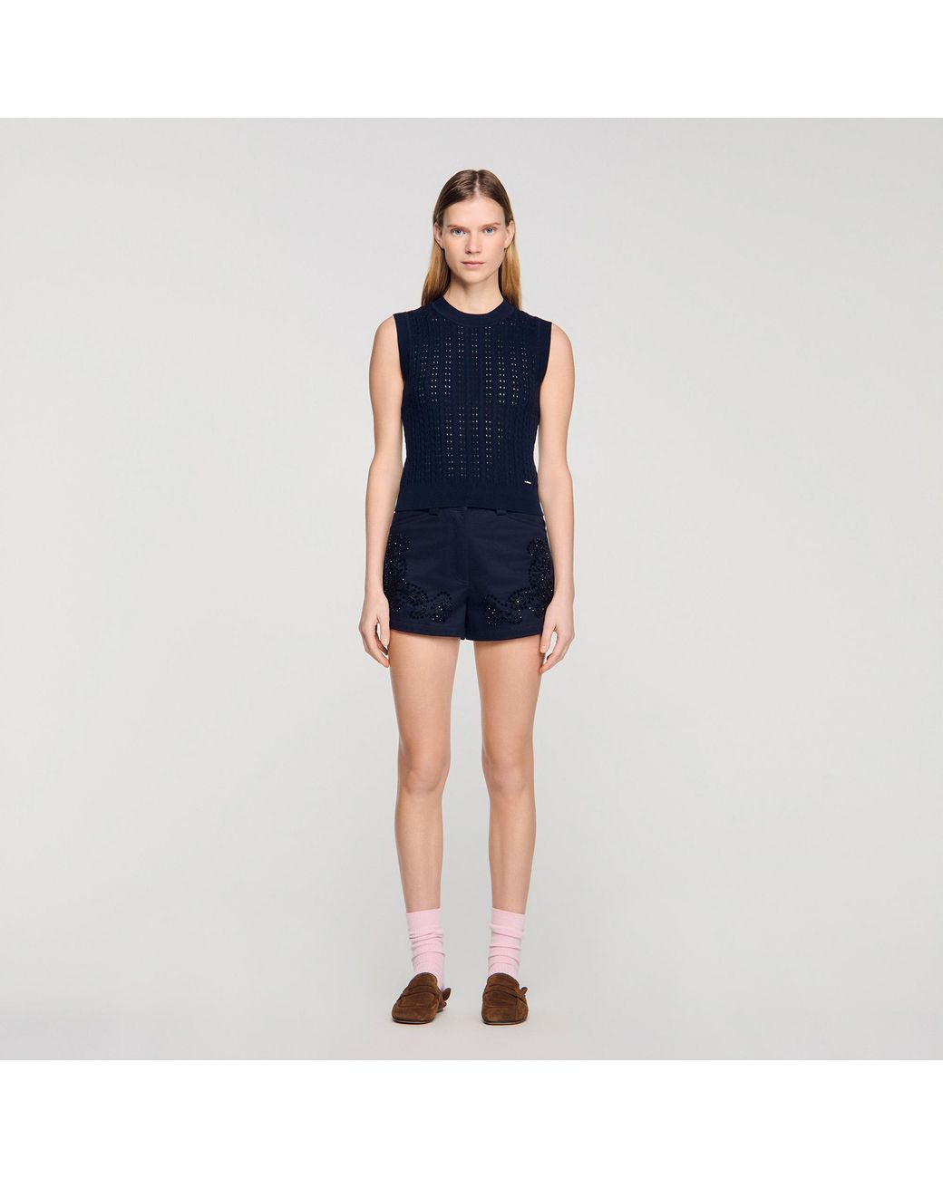 Sandro Blue Cropped Textured Knit Jumper