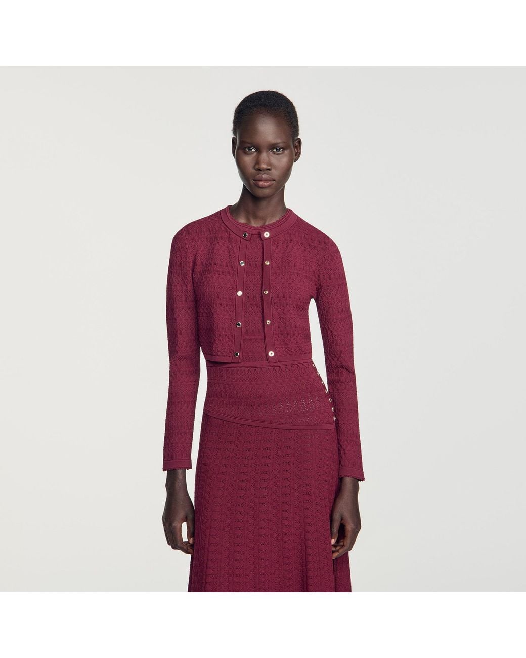 Sandro Red Cropped Pointelle Knit Cardigan