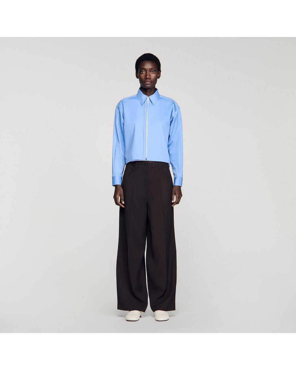 Sandro Blue Cropped Logo Zip Cotton Shirt