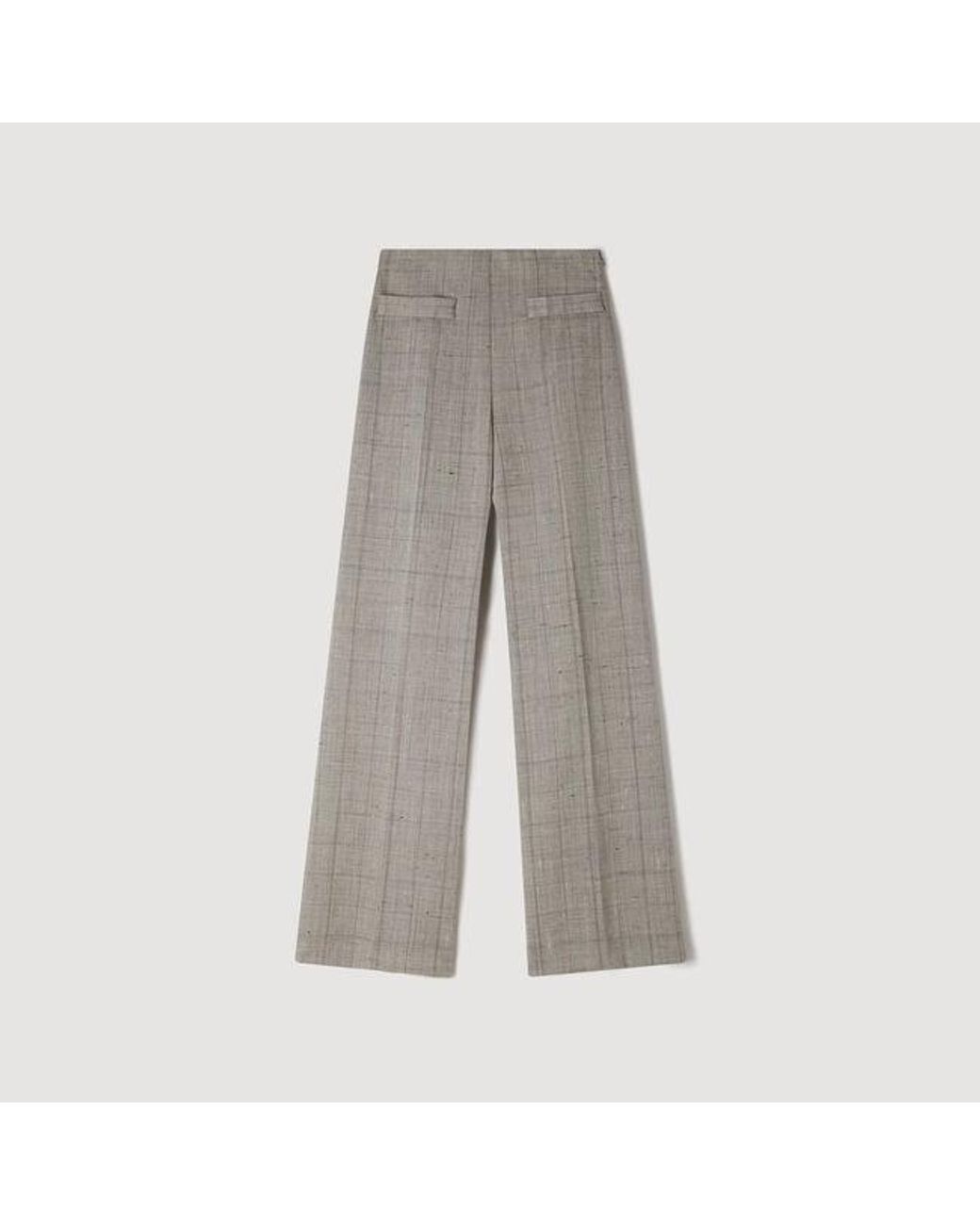 Sandro White Wide-Leg Check Wool Trousers