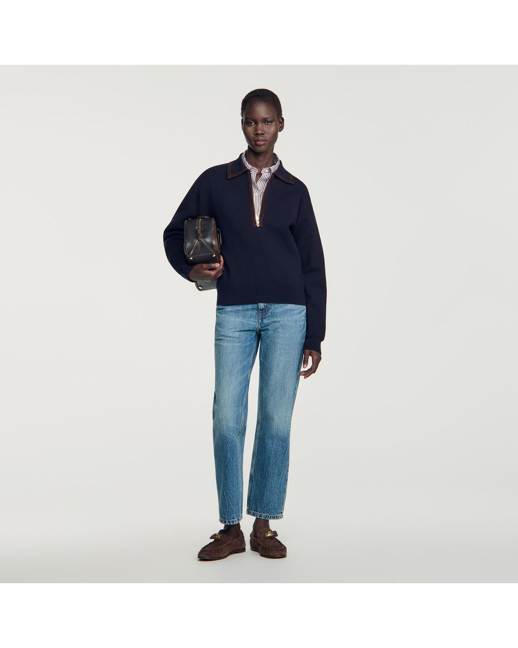 Sandro Blue Zip Polo Jumper With Suede Collar