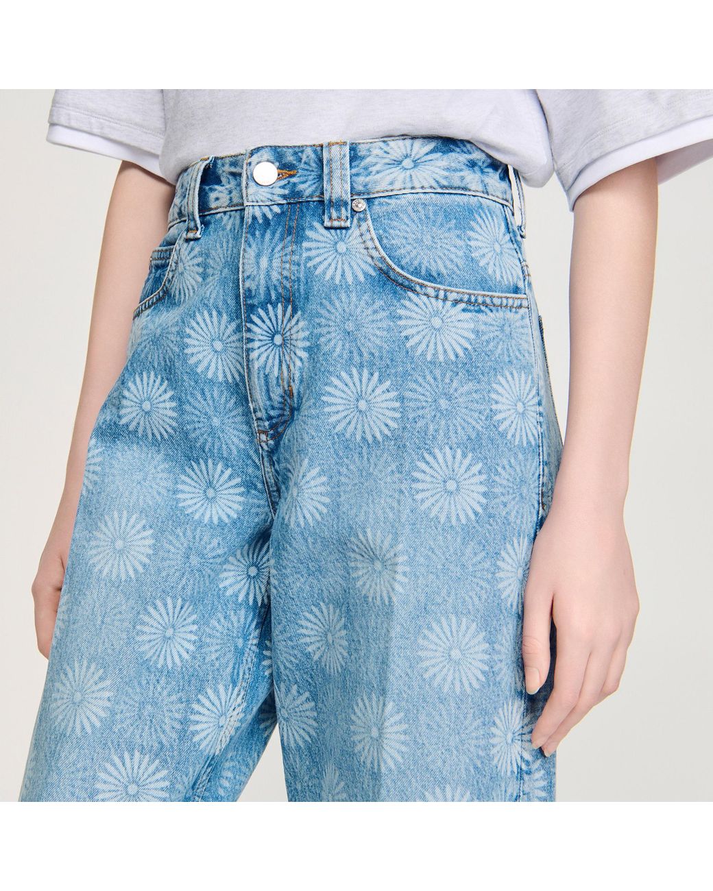 Sandro Blue Wide-Leg Floral Print Jeans