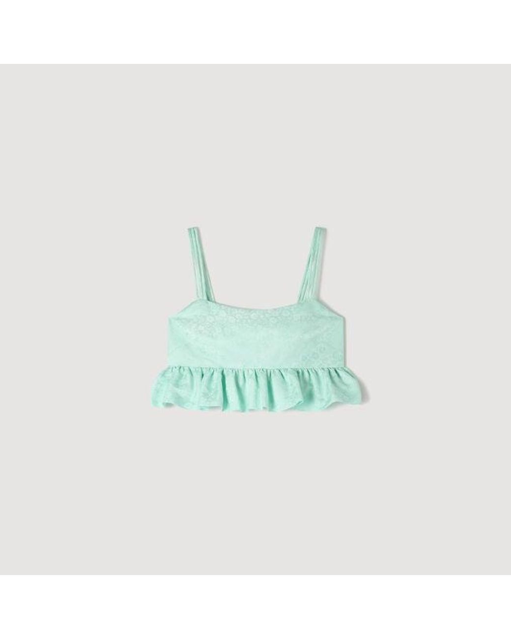 Sandro Blue Floral Jacquard Ruffled Crop Top