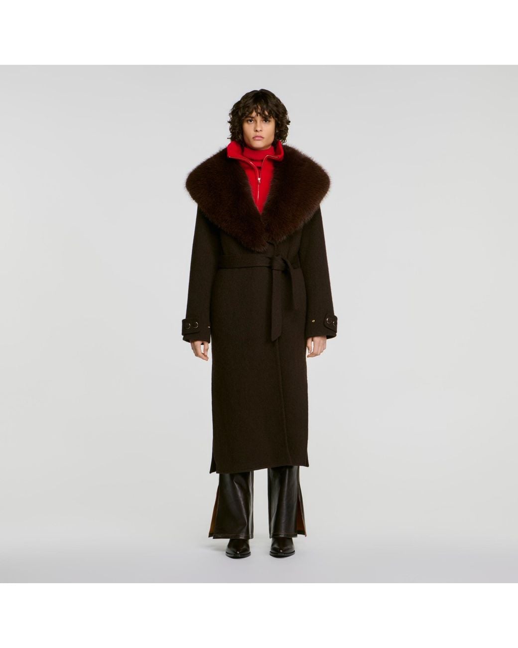 Sandro Red Coat With Shearling Collar