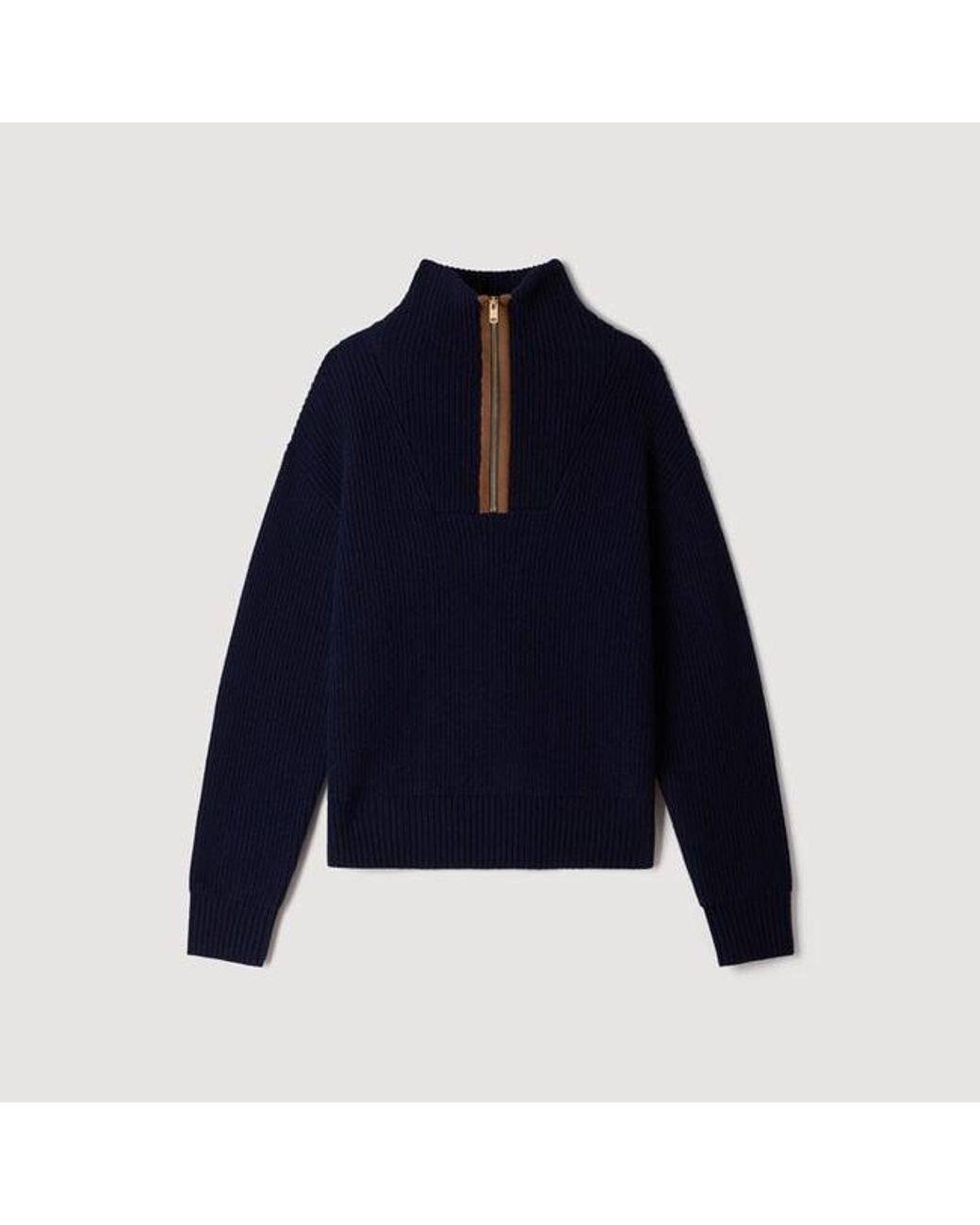 Sandro Blue Wool And Cashmere Half-Zip Jumper