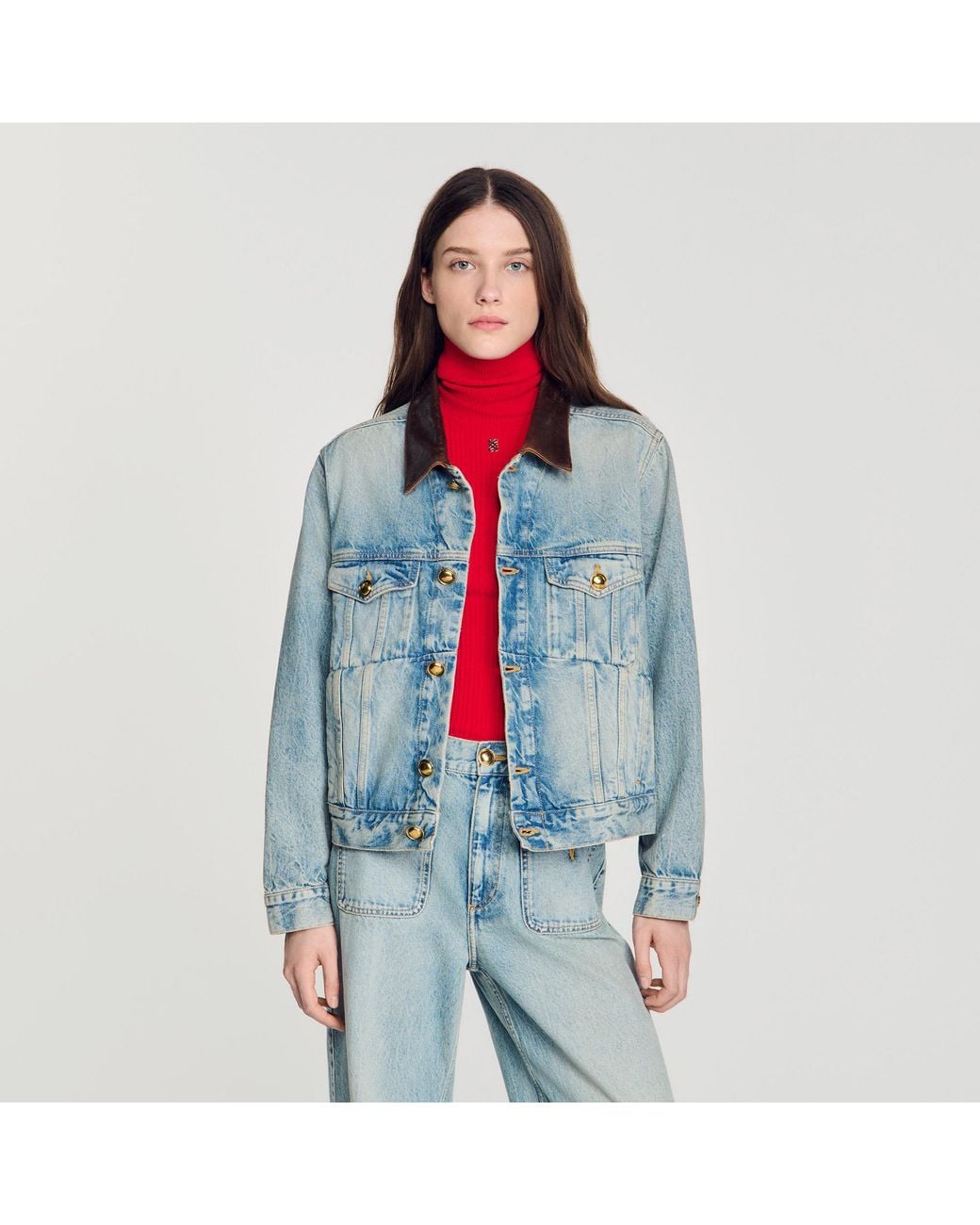 Sandro Blue Denim Jacket With Leather Collar