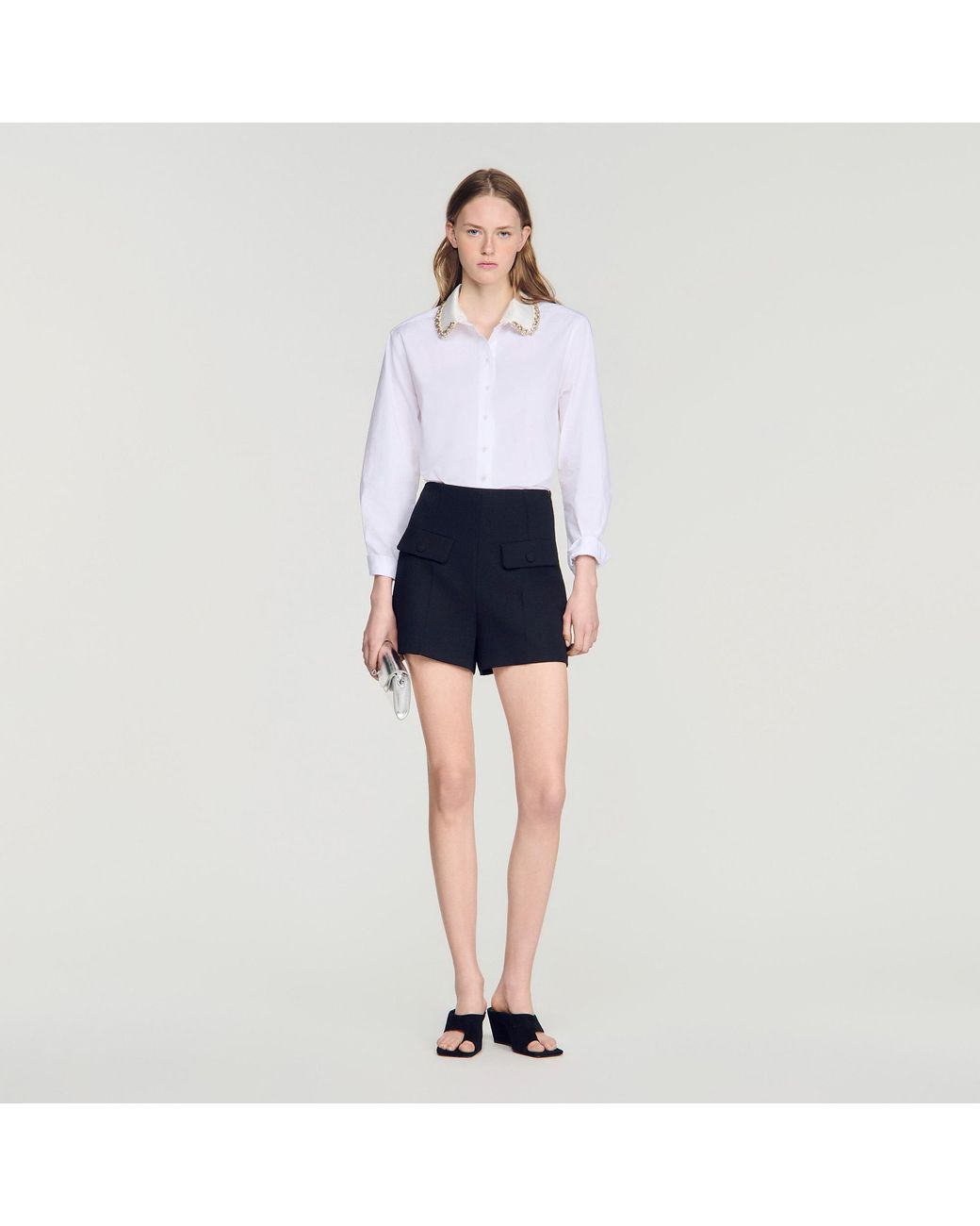 Sandro Blue Cropped Jewel Collar Shirt
