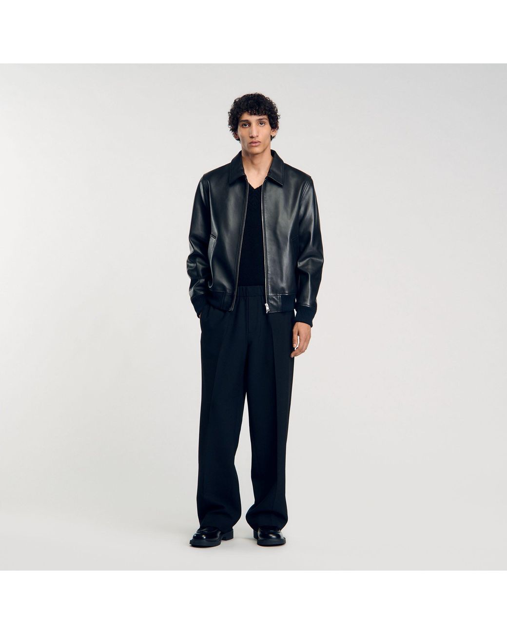 Sandro Blue Plain Leather Jacket for men