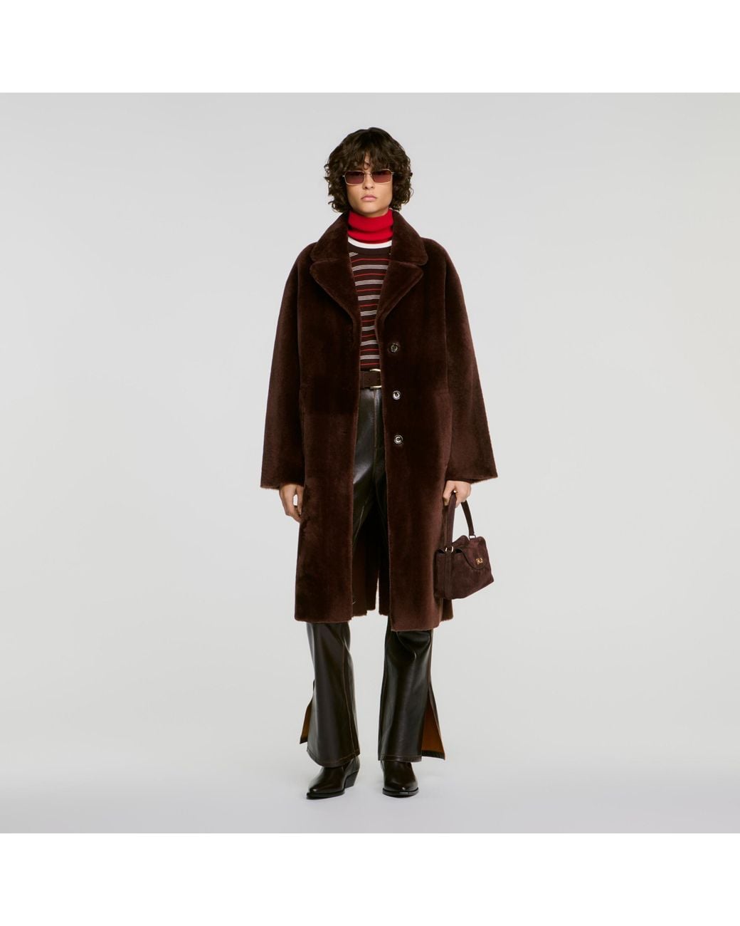 Sandro Brown Belted Shearling Coat