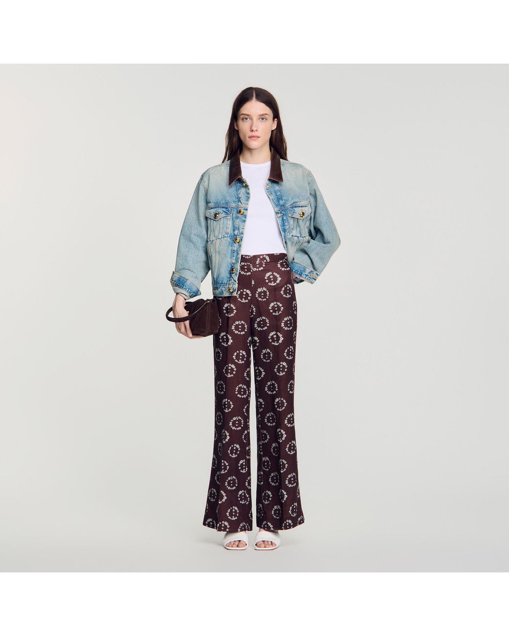 Sandro Blue Floral-Print Flowy Trousers