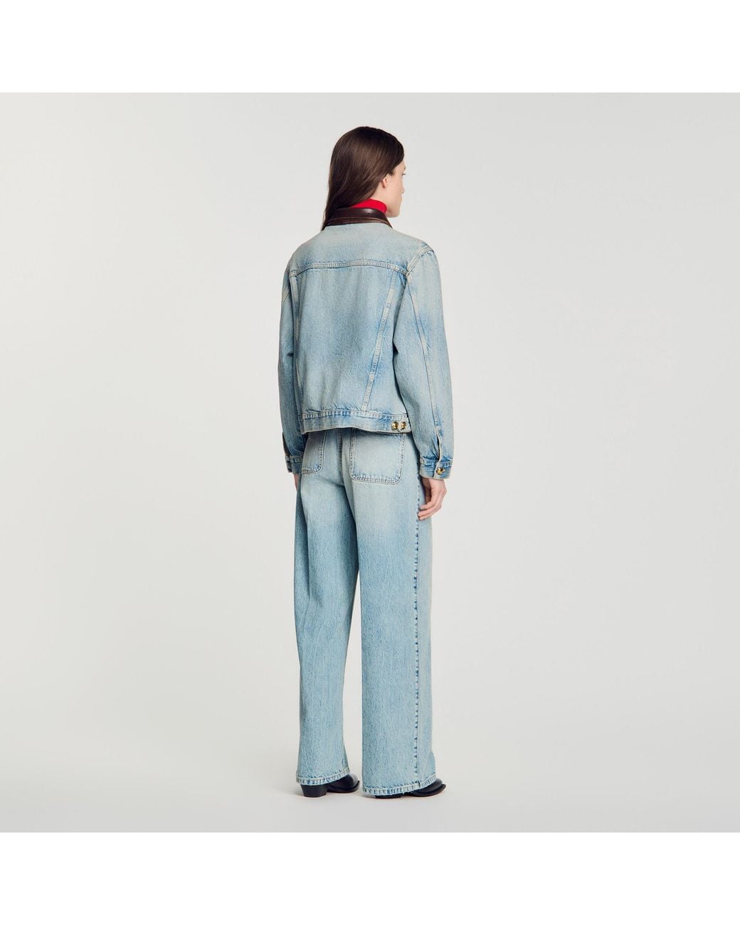 Sandro Blue Denim Jacket With Leather Collar