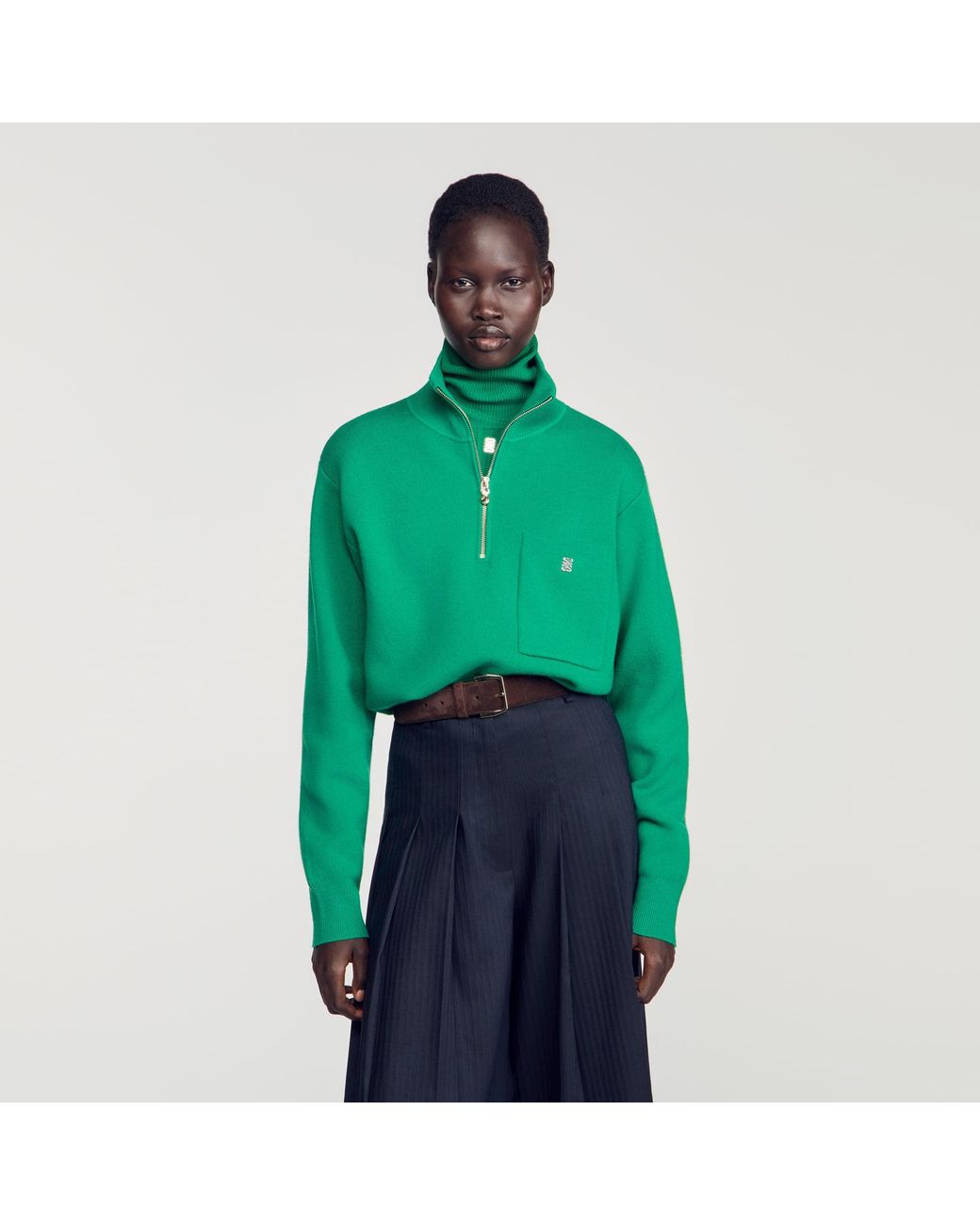 Sandro Green Wool And Cashmere Half-Zip Sweater