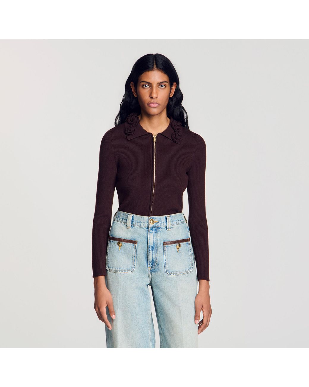 Sandro Blue Cardigan With Floral Collar