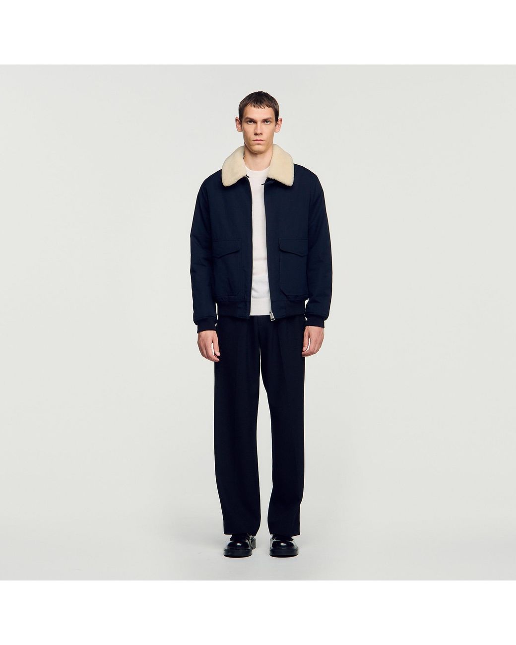 Sandro Blue Shearling Collar Aviator Jacket for men