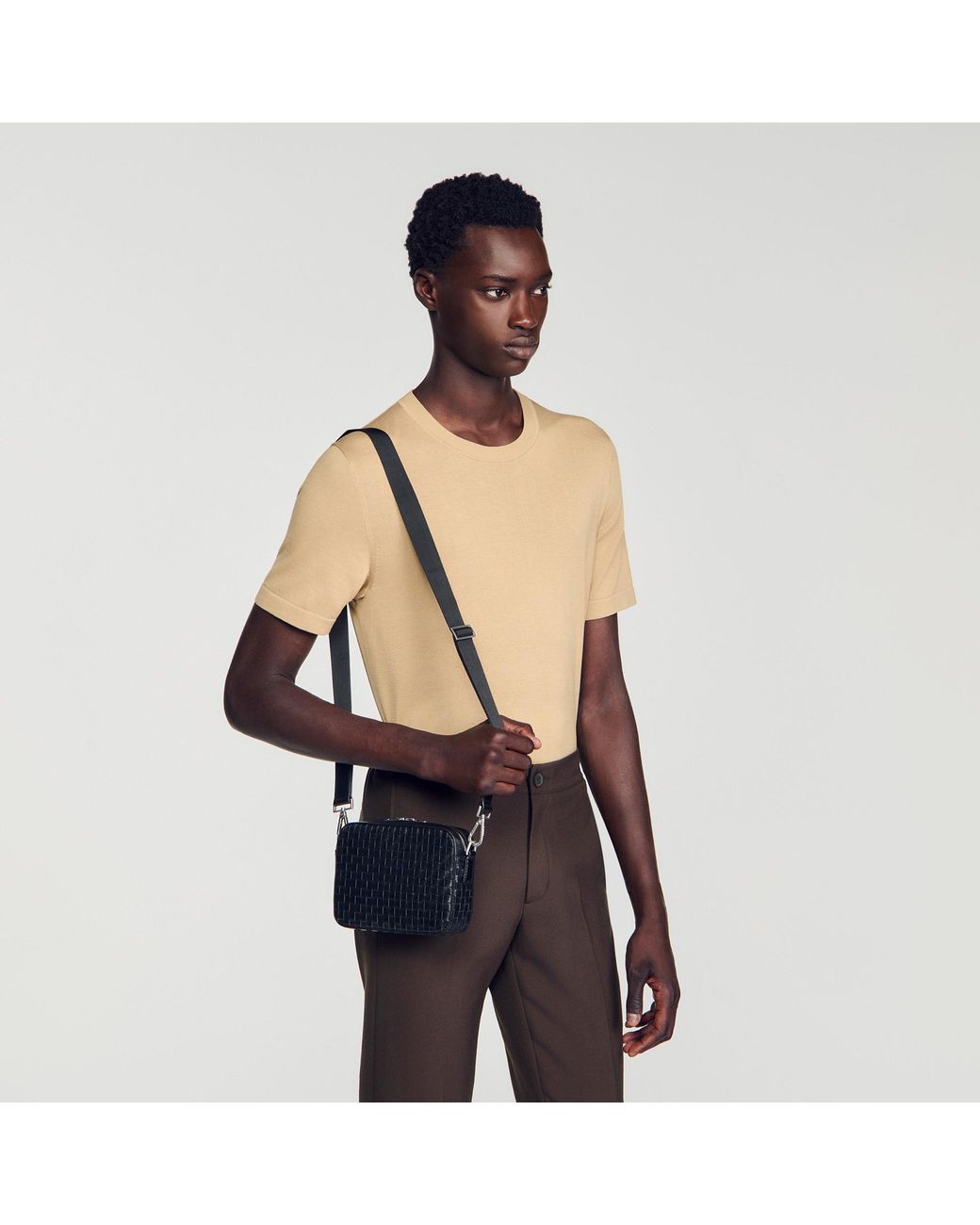 Sandro Black Small Woven Leather Bag for men