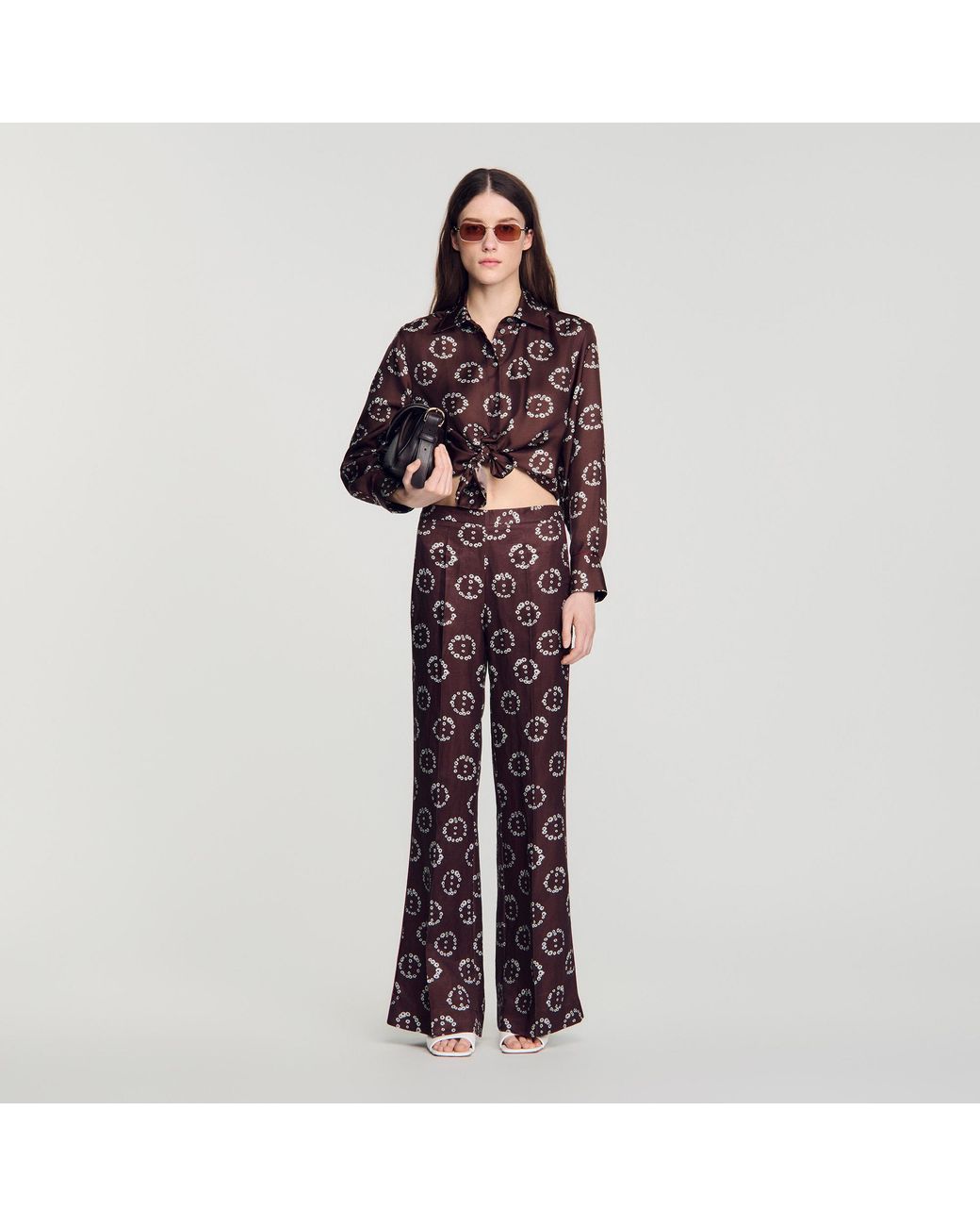 Sandro Brown Floral Print Silk Shirt