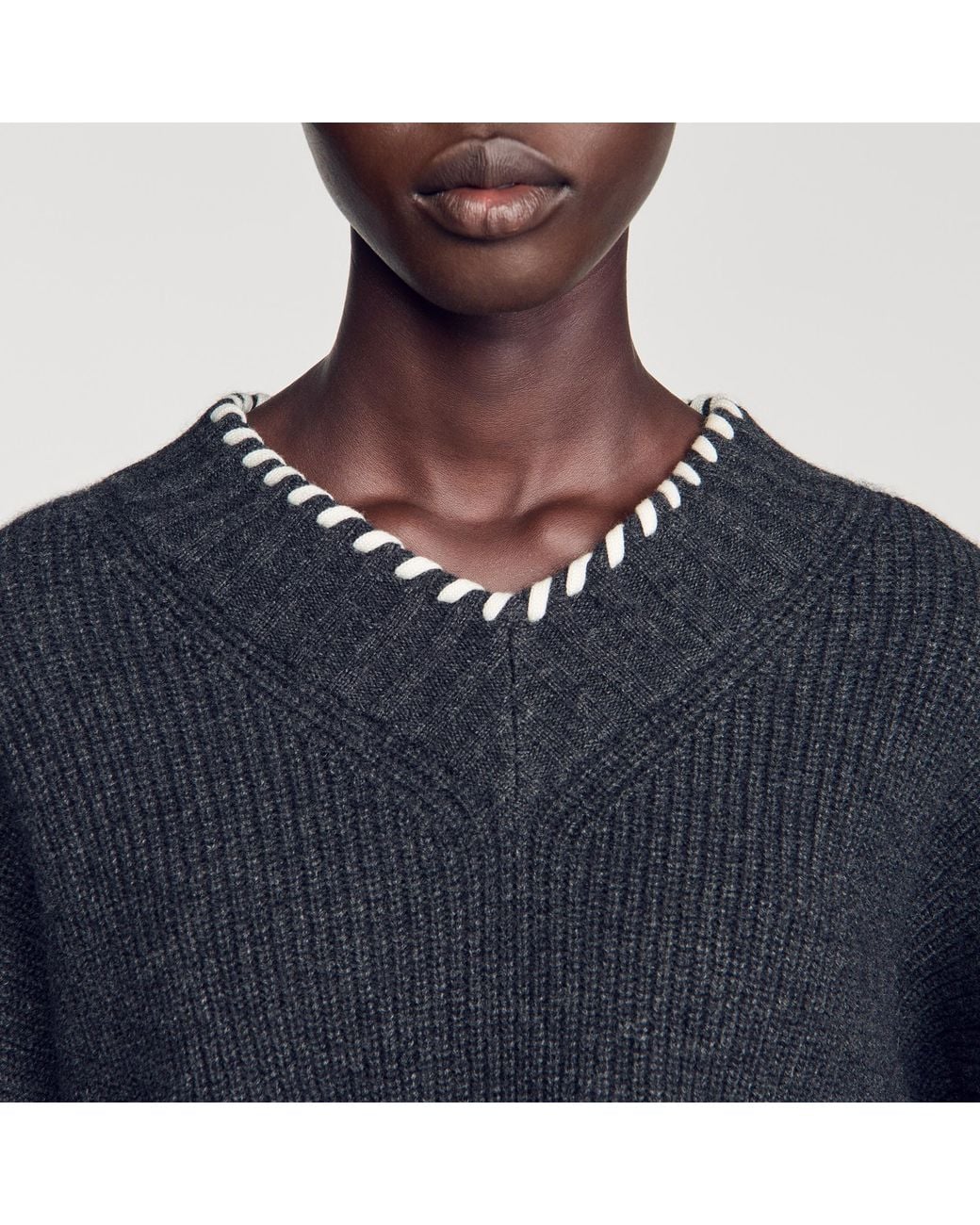 Sandro Blue Braided V-Neck Sweater