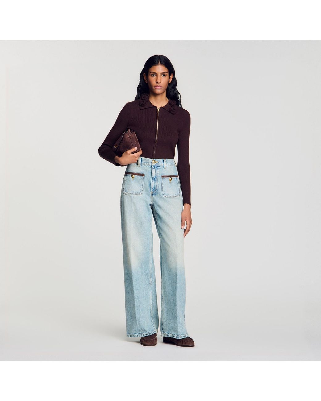 Sandro Blue Cardigan With Floral Collar