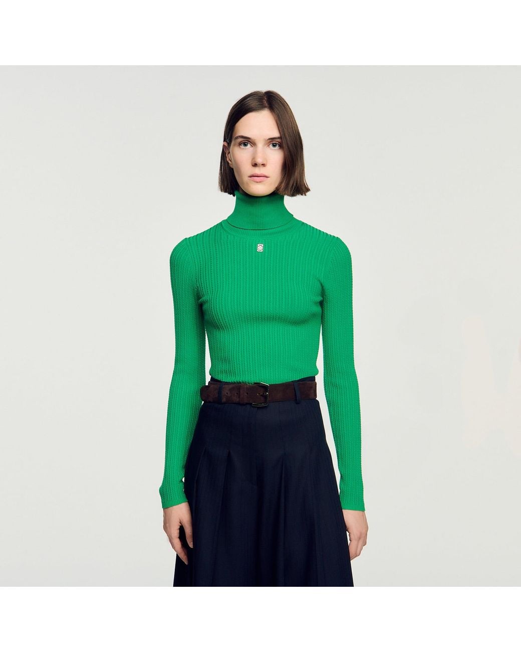 Sandro Green Roll-Neck Cable Knit Jumper
