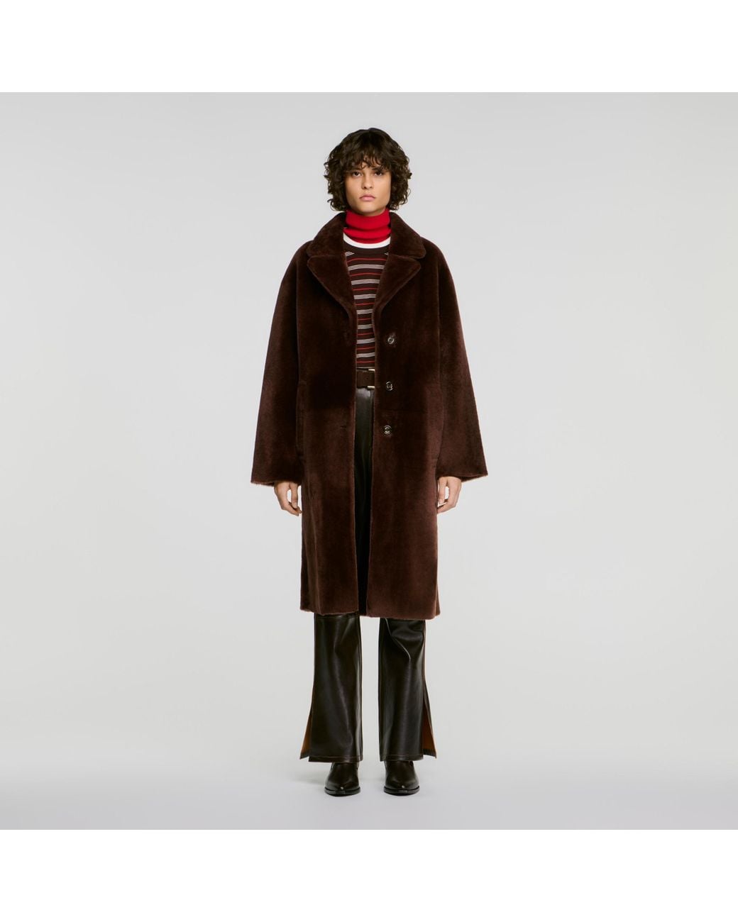 Sandro Brown Belted Shearling Coat
