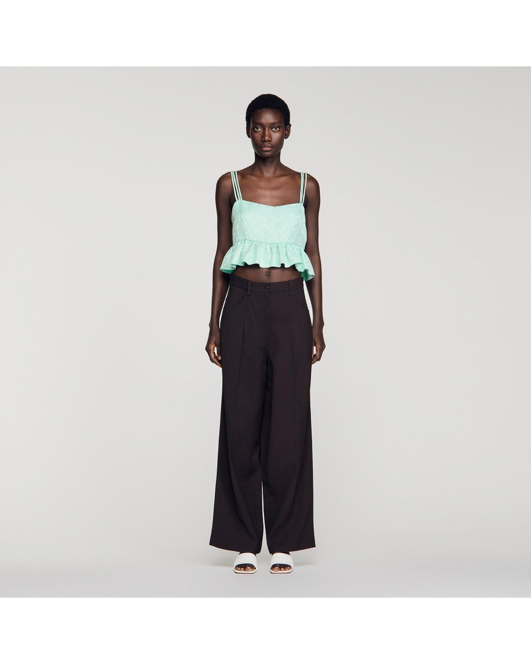 Sandro Blue Floral Jacquard Ruffled Crop Top